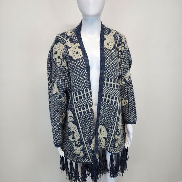 En Ceme Fringe Cardigan Poncho Sweater Size M Relaxed Fit Blue Long Sleeve Boho - Picture 3 of 16